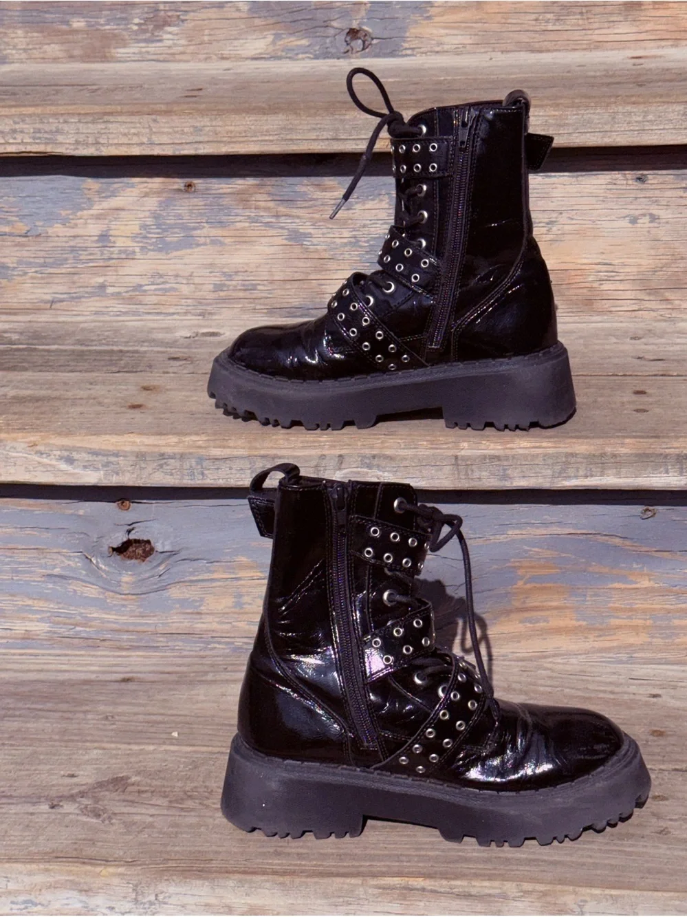 Zara black patent leather buckle combat moto boots, featuring a glossy finish 34